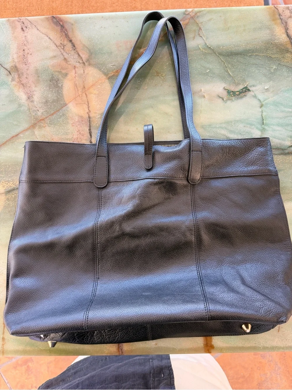 Stella & Max Black Pebbled Tote Bag Zip Top Gold Hardware Double Handles